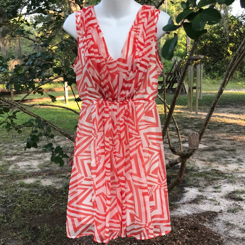 Flirty Spring Dress in Geometric Orange and White Pattern